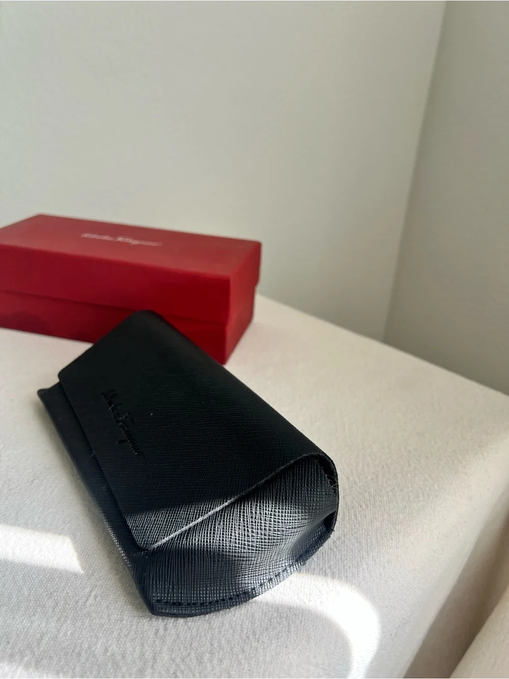 Salvatore Ferragamo Black Leather Sunglasses Case with Red Box
